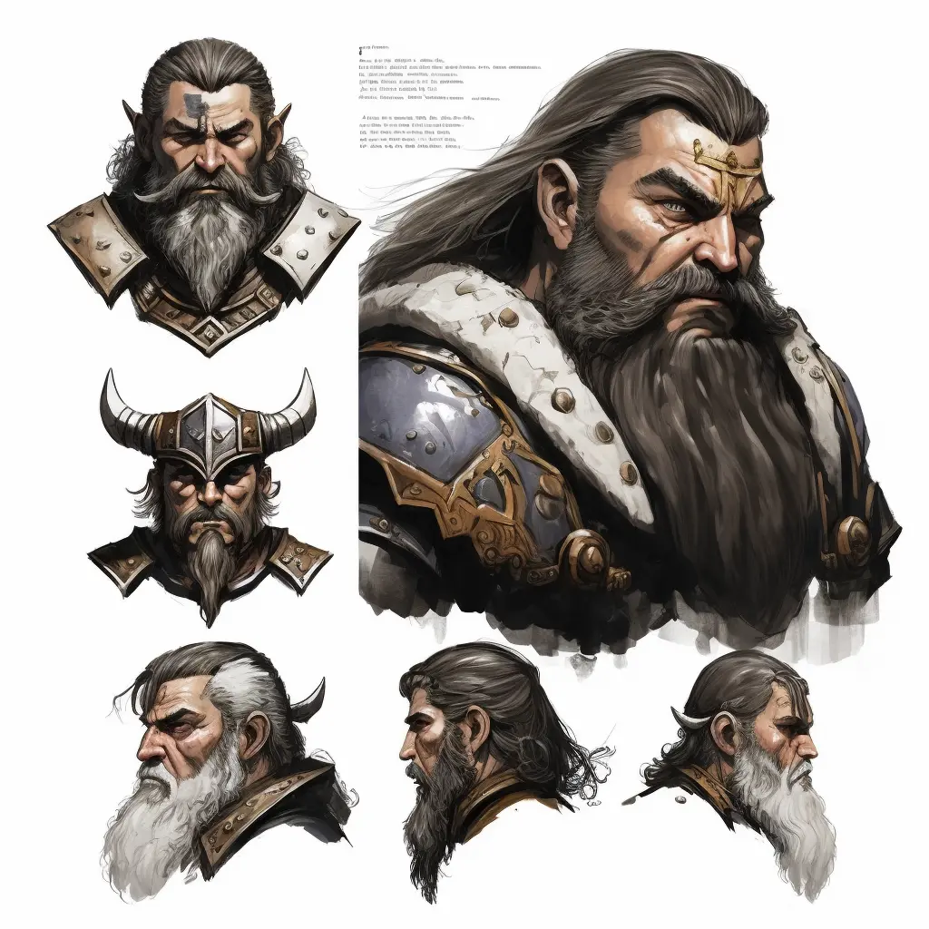 dwarven warlord, close up character design, multiple concept designs, concept design sheet, white background, style of Yoshitaka Amano